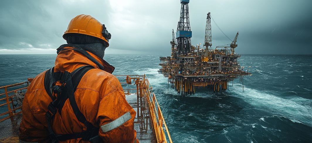 woker looking out at sea and oil rig concept accidents abroad accidents at sea client