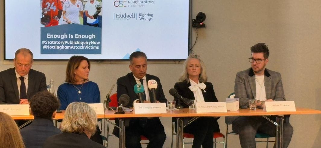 dr sanjoy kumar speaking at the nottingham press conference in london. concept inquests nottingham attack client