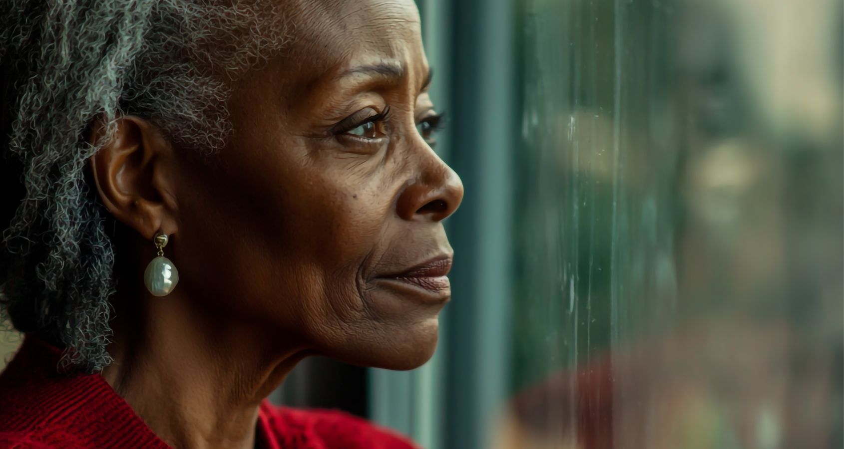 elderly woman looking out window thoughtful and contemplative expression on her face concept criminal injury fatal criminal injuries bereavement awards banner