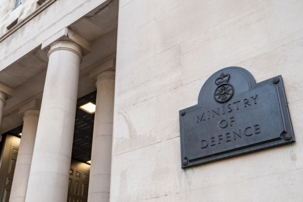 mod ministry of defence in whitehall london signage to the uk government military department representing military injury claims compensation claims