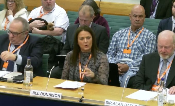 hudgell solicitors clients dewi lewis and jill donnison at the post office scandal select committee at parliament