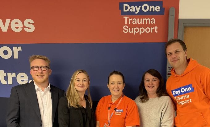 hudgell solicitors serious injury managers samuel mcfadyen and sarah patten at launch of partnerships with day one trauma support