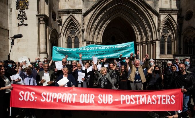 Post office Horizon sub postmasters celebrating outside Court of Justice.