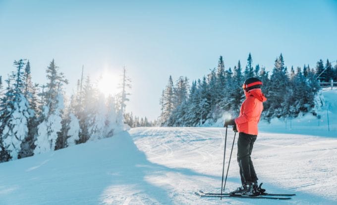 ski portrait of female skier on cold day stood by snow covered trees on a ski trail slope concept accidents abroad winter sports accident