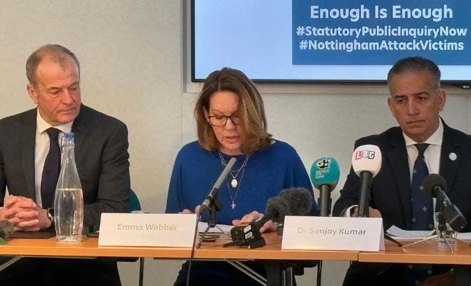 emma webber speaking at the nottingham press conference in london. concept inquests nottingham attack feature