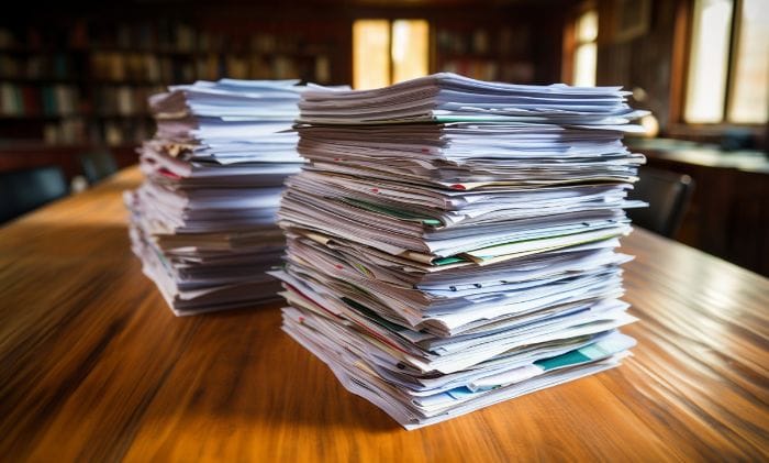 a stack of medical reports neatly organized on a wooden desk concept medical negligence never events retained surgical items compensation claims