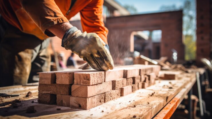 Closeup of bricklayer hands laying brick wall of house